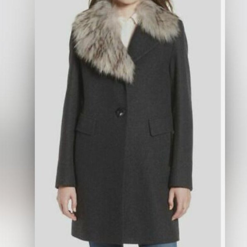 Sam Edelman Walker Gray Wool Asymmetrical Faux Fur Collar Coat  NWT